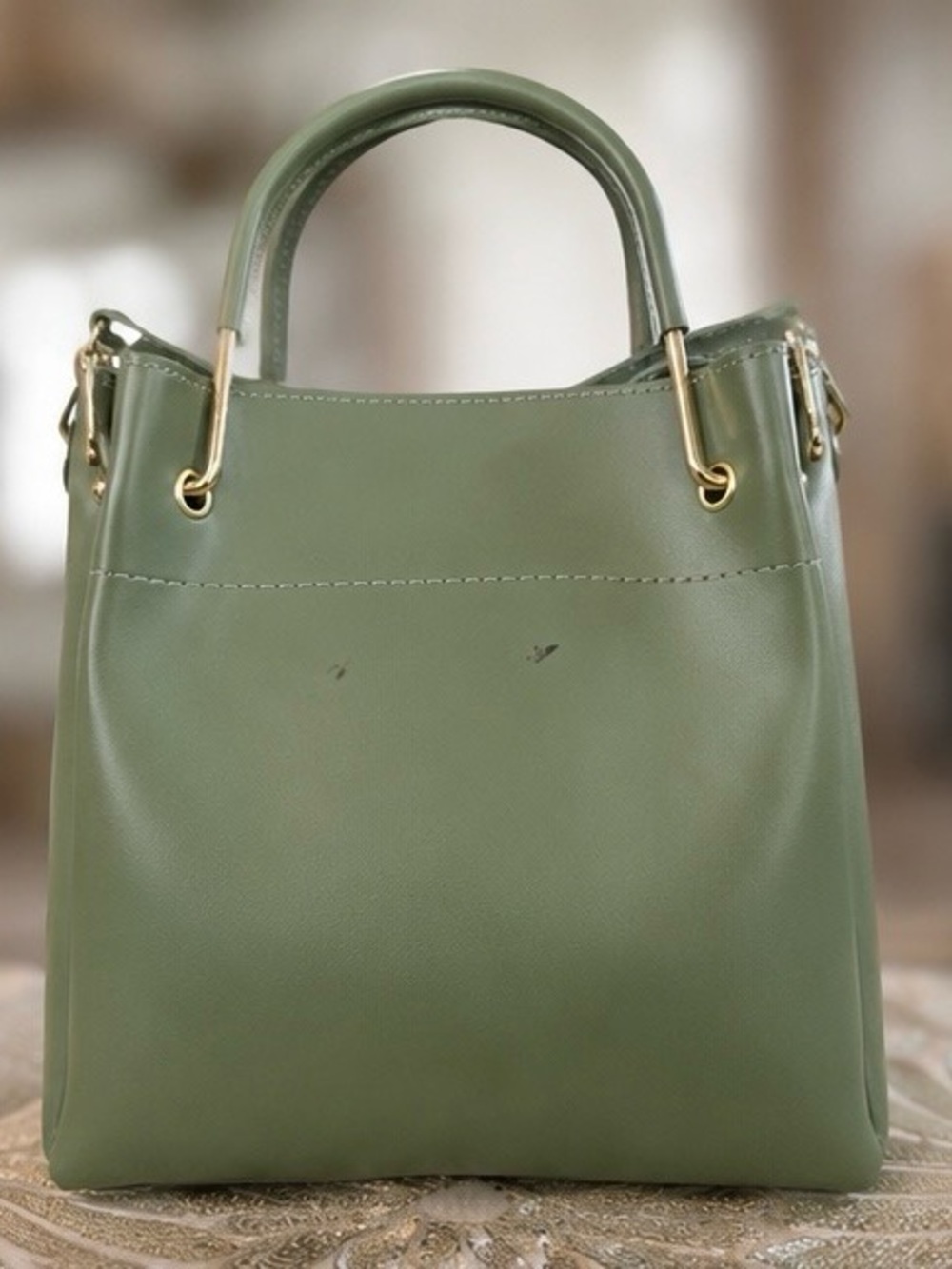 Structured Olive Green Top-Handle Tote with Gold Accents - Picture 3 of 5